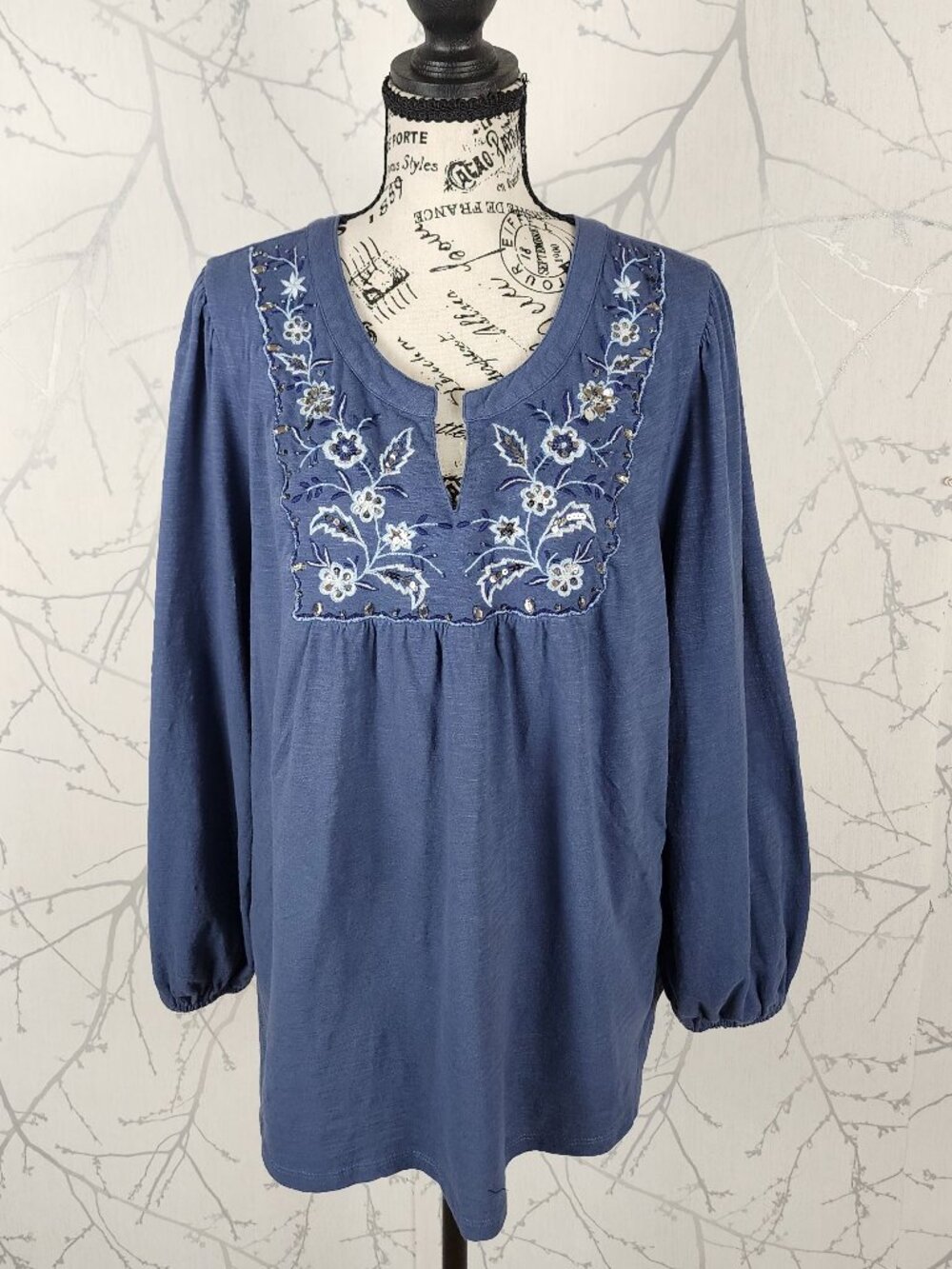 Style & Co Blue Floral Embroidered Sequin Cotton Peasant Blouse